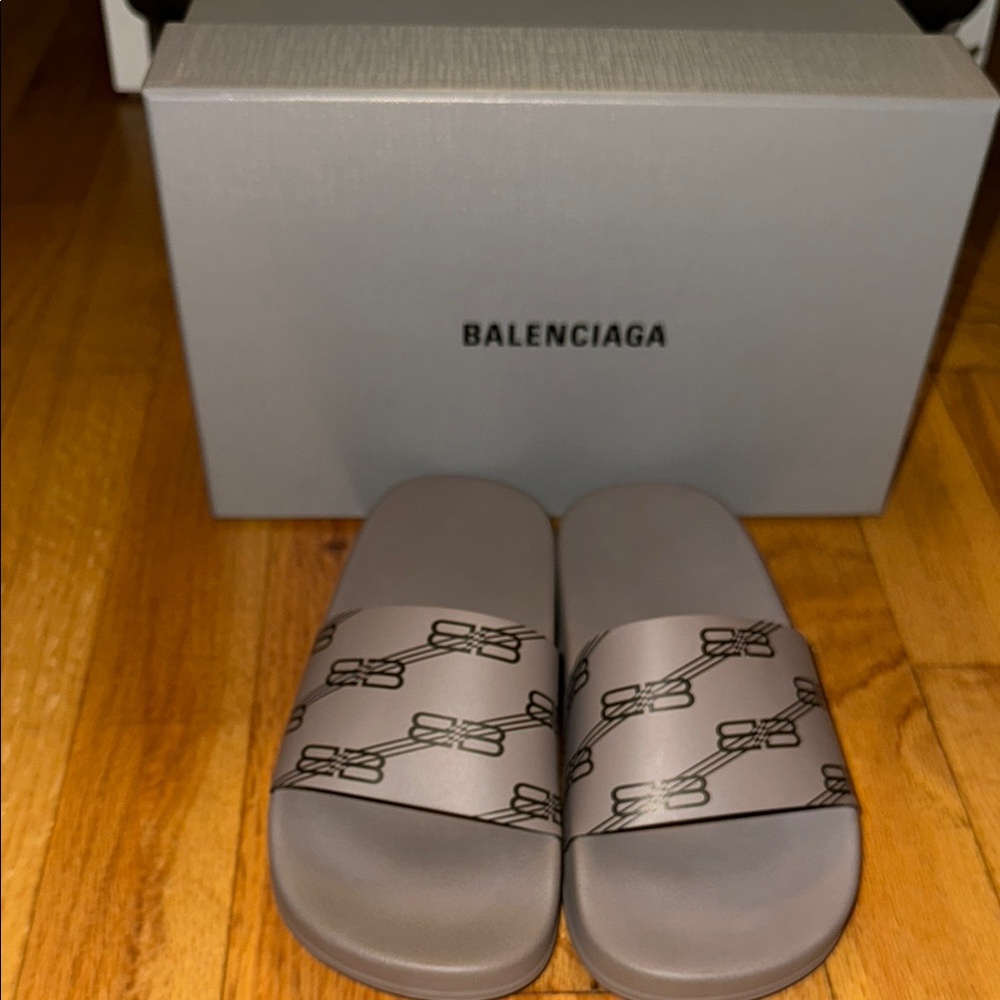 Balenciaga Taupe Slide Sandals with Black Logo